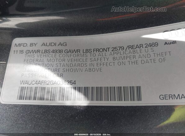 WAUC4AFR2GA036254 2016 AUDI S5 Gray Engine compartment view