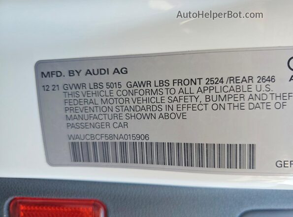 WAUCBCF58NA015906 2022 AUDI A5 White Widok naklejki z numerem VIN