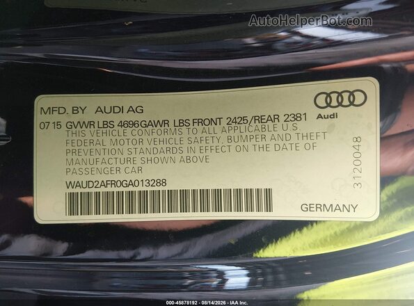 WAUD2AFR0GA013288 2016 AUDI A5 Черный Вид подкапотного пространства
