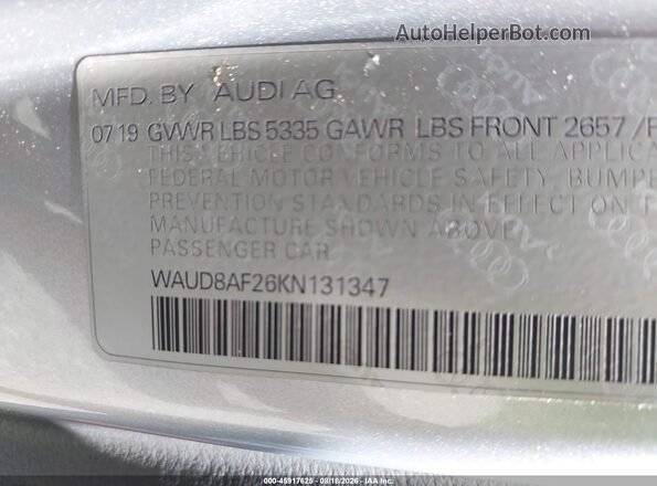 WAUD8AF26KN131347 2019 AUDI A6 Silver Engine compartment view