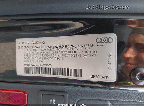 WAUDNAF41HN039100 2017 AUDI A4 Black ძრავის განყოფილების ხედი
