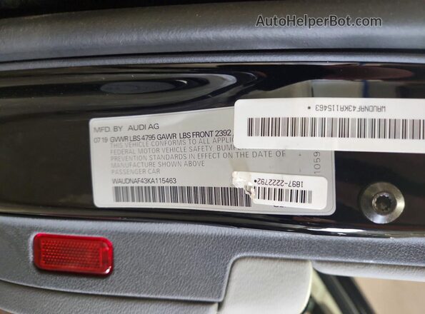 WAUDNAF43KA115463 2019 AUDI A4 Black Vista de la etiqueta del VIN
