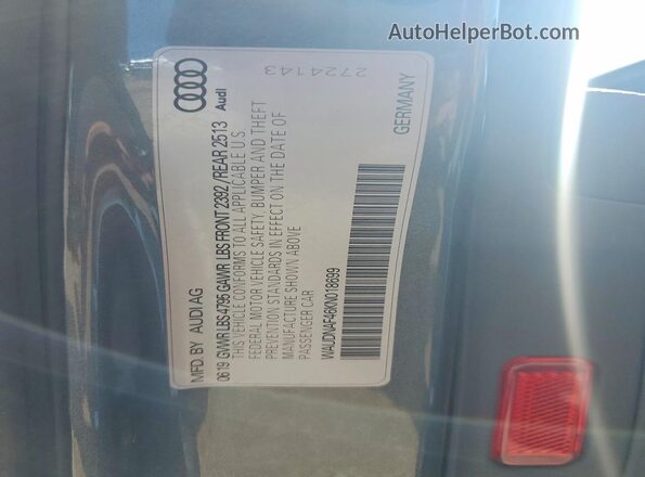 WAUDNAF46KN018699 2019 AUDI A4 Silver VIN კოდის სტიკერის ხედი