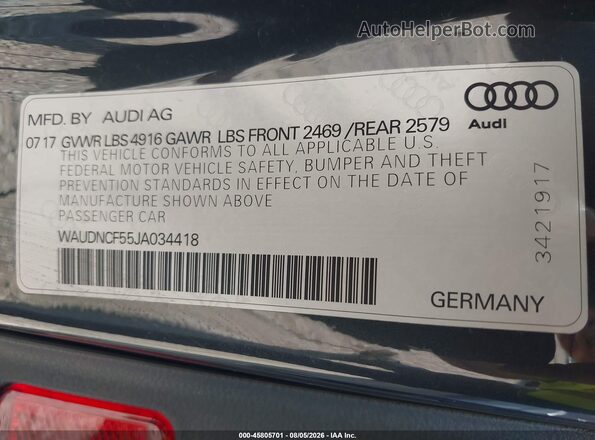 WAUDNCF55JA034418 2018 AUDI A5 Gray Vista del compartimento del motor