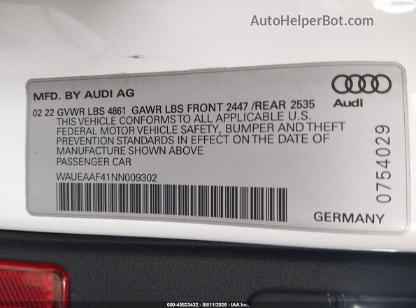 WAUEAAF41NN009302 2022 AUDI A4 White Engine compartment view