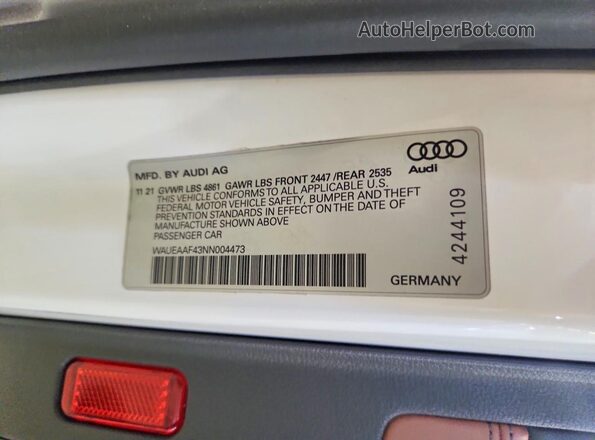 WAUEAAF43NN004473 2022 AUDI A4 White VIN sticker view