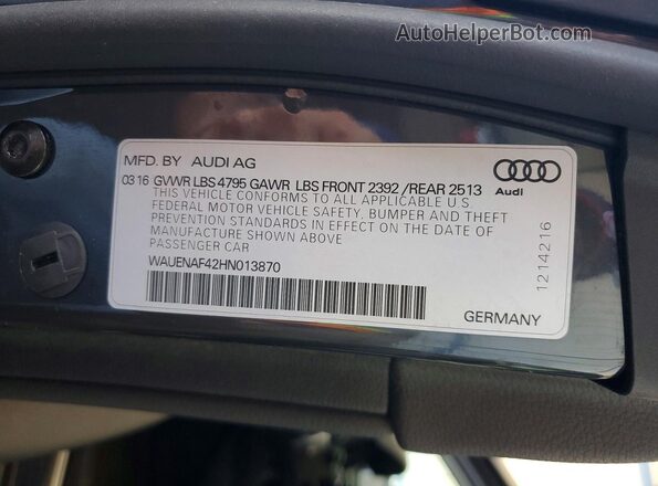 WAUENAF42HN013870 2017 AUDI A4 Charcoal Vista del compartimento del motor