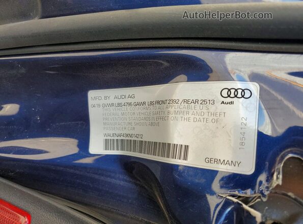 WAUENAF43KN014212 2019 AUDI A4 Blue VIN կոդի պիտակի տեսք