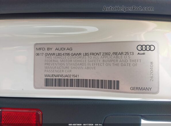 WAUENAF45JA021541 2018 AUDI A4 White Вид підкапотного простору