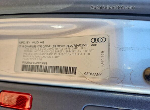 WAUENAF45JN019488 2018 AUDI A4 Silver VIN կոդի պիտակի տեսք