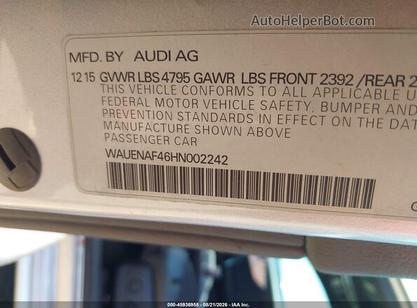 WAUENAF46HN002242 2017 AUDI A4 Silver ძრავის განყოფილების ხედი