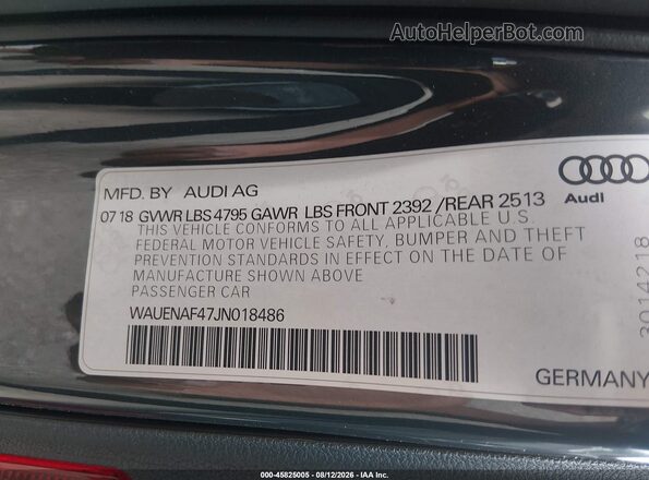 WAUENAF47JN018486 2018 AUDI A4 Gray Вид підкапотного простору