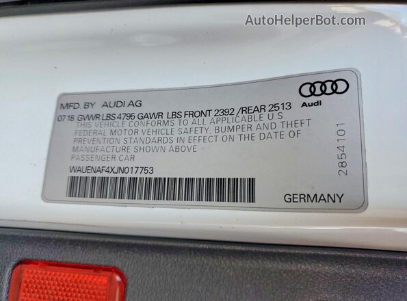 WAUENAF4XJN017753 2018 AUDI A4 Белый Вид наклейки с VIN-кодом