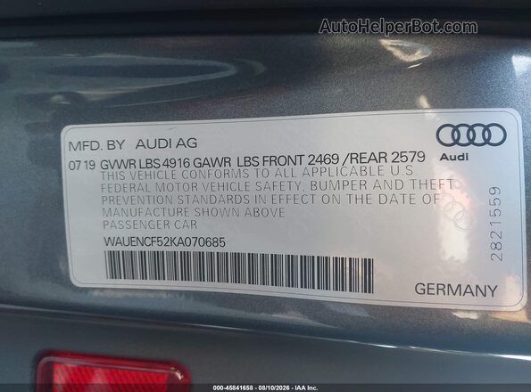 WAUENCF52KA070685 2019 AUDI A5 Gray Engine compartment view