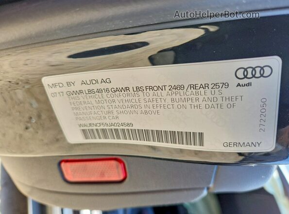 WAUENCF59JA024589 2018 AUDI A5 Black VIN კოდის სტიკერის ხედი