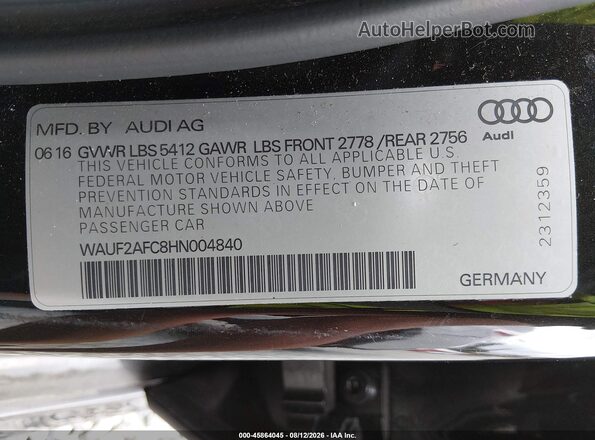 WAUF2AFC8HN004840 2017 AUDI A6 Black Вид підкапотного простору
