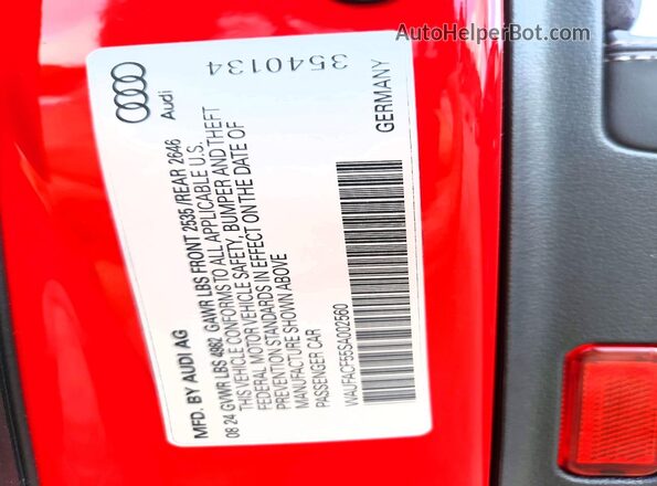 WAUFACF55SA002560 2025 AUDI A5 Red Вид наклейки з VIN-кодом