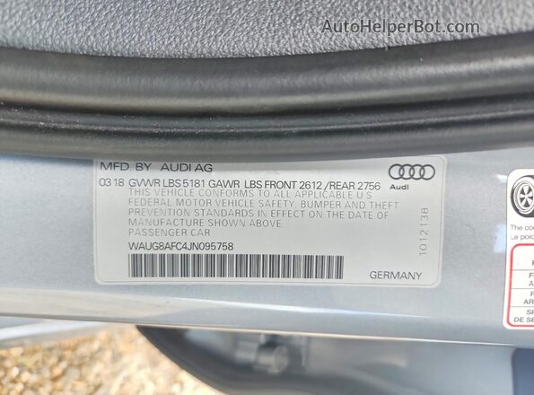 WAUG8AFC4JN095758 2018 AUDI A6 Silver VIN sticker view