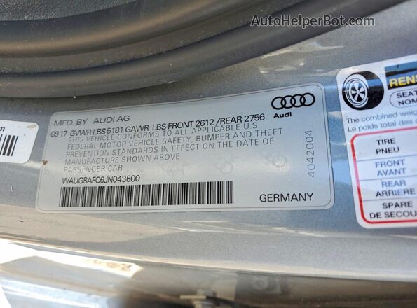 WAUG8AFC6JN043600 2018 AUDI A6 Серебряный Вид подкапотного пространства
