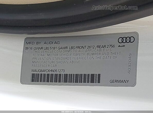 WAUG8AFCXHN051273 2017 AUDI A6 White ძრავის განყოფილების ხედი