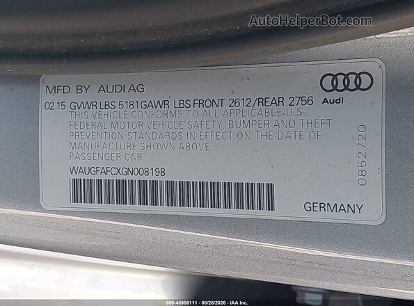 WAUGFAFCXGN008198 2016 AUDI A6 Silver Widok komory silnika