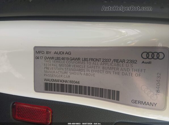 WAUGMAF40HA169344 2017 AUDI A4 White Engine compartment view