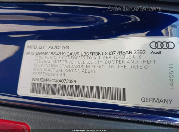 WAUGMAF40KA073396 2019 AUDI A4 Dark Blue Вид подкапотного пространства