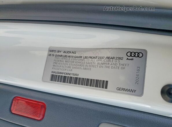 WAUGMAF43KN015050 2019 AUDI A4 White VIN კოდის სტიკერის ხედი