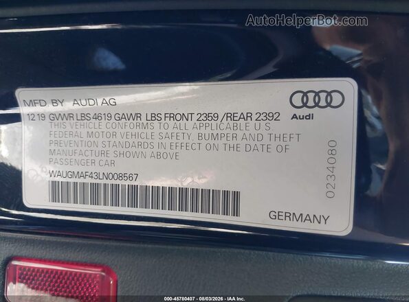 WAUGMAF43LN008567 2020 AUDI A4 Black Շարժիչի բաժամունքի տեսք