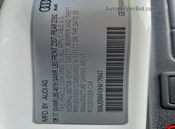 WAUGMAF49HA176647 2017 AUDI A4 White Vista de la etiqueta del VIN