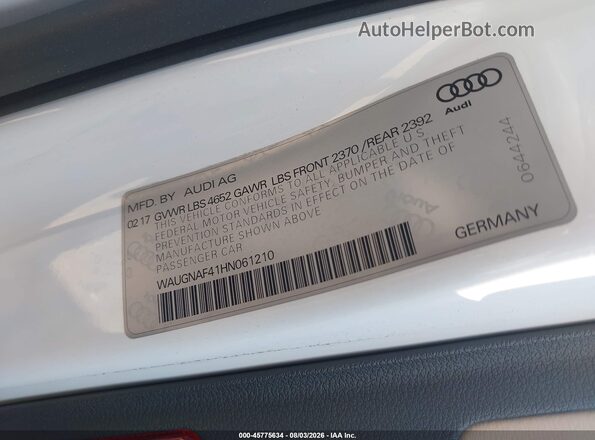 WAUGNAF41HN061210 2017 AUDI A4 White Շարժիչի բաժամունքի տեսք