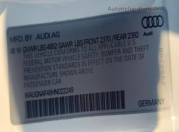WAUGNAF49HN022249 2017 AUDI A4 White Engine compartment view