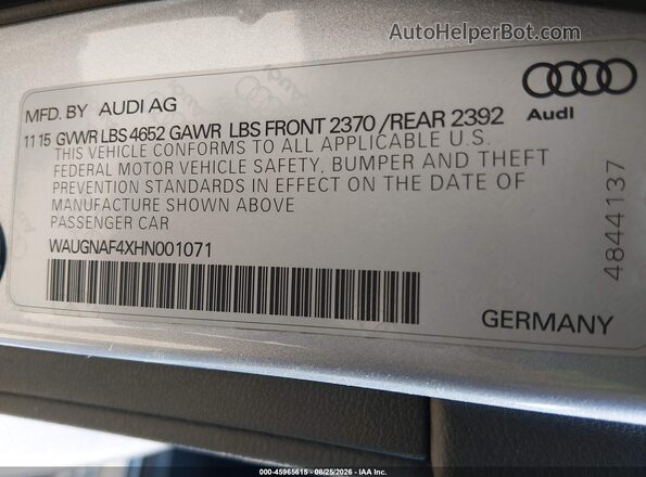 WAUGNAF4XHN001071 2017 AUDI A4 Silver Вид підкапотного простору