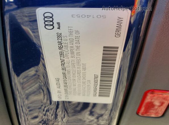 WAUHMAF40LN007607 2020 AUDI A4 Blue Вид наклейки з VIN-кодом