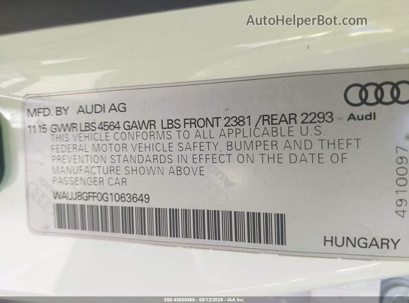 WAUJ8GFF0G1063649 2016 AUDI A3 White Vista del compartimento del motor
