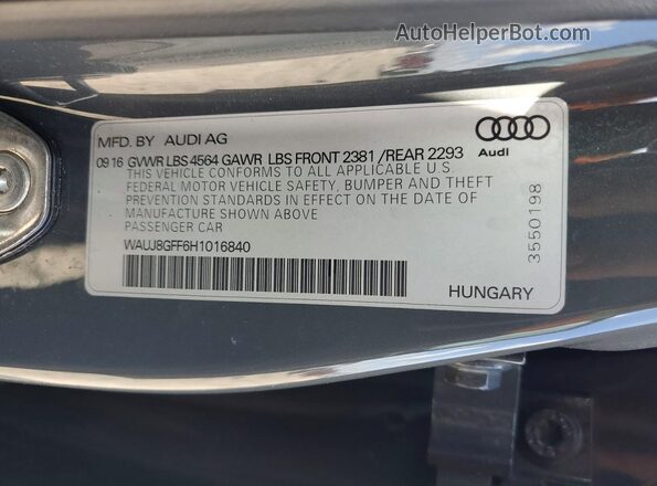 WAUJ8GFF6H1016840 2017 AUDI A3 Gray VIN կոդի պիտակի տեսք