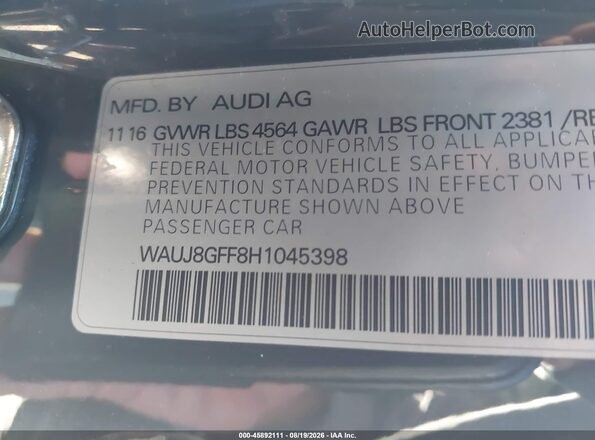 WAUJ8GFF8H1045398 2017 AUDI A3 Gray Widok komory silnika