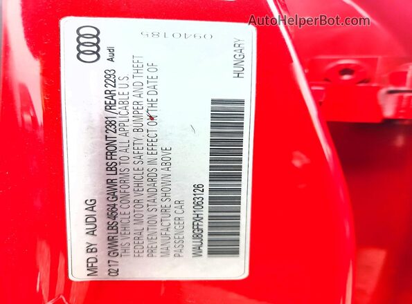 WAUJ8GFFXH1063126 2017 AUDI A3 Красный Вид подкапотного пространства