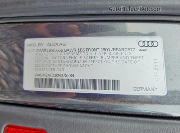 WAUM2AF20KN073284 2019 AUDI A6 Gray Vista del compartimento del motor