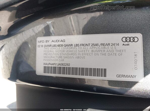 WAUP4AF51JA082292 2018 AUDI S5 Gray Widok komory silnika