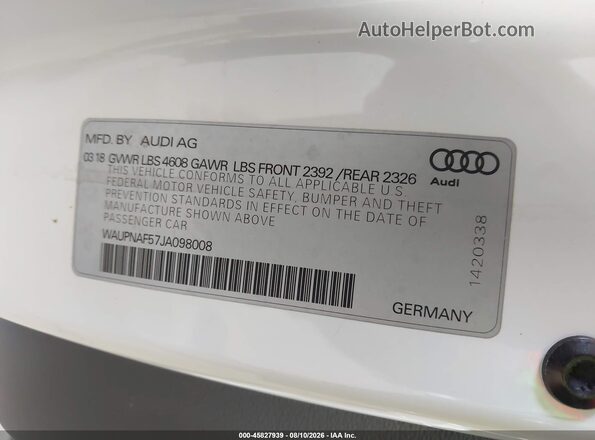 WAUPNAF57JA098008 2018 AUDI A5 White Vista del compartimento del motor