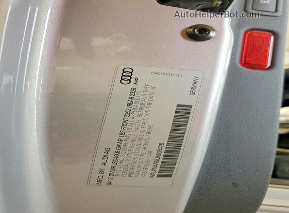 WAUPNAF58JA008428 2018 AUDI A5 Silver VIN կոդի պիտակի տեսք