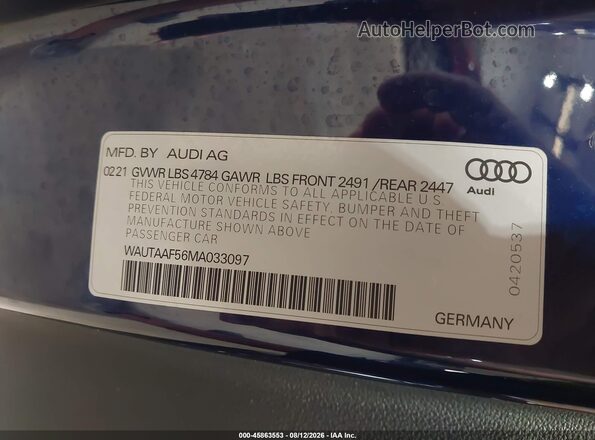 WAUTAAF56MA033097 2021 AUDI A5 Blue Widok komory silnika