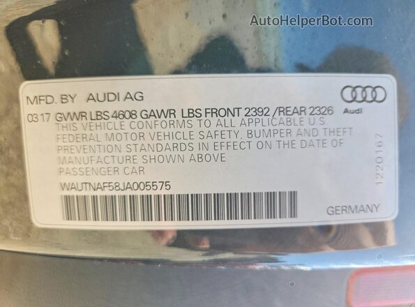 WAUTNAF58JA005575 2018 AUDI A5 Двухцветный Вид наклейки с VIN-кодом