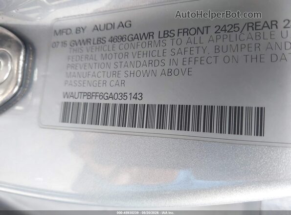 WAUTPBFF6GA035143 2016 AUDI A3 Silver Շարժիչի բաժամունքի տեսք