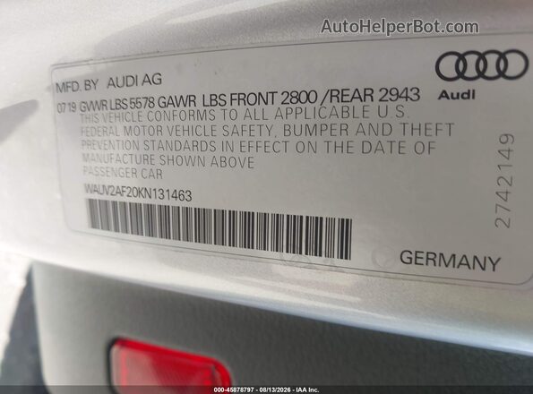 WAUV2AF20KN131463 2019 AUDI A7 Серебряный Вид подкапотного пространства