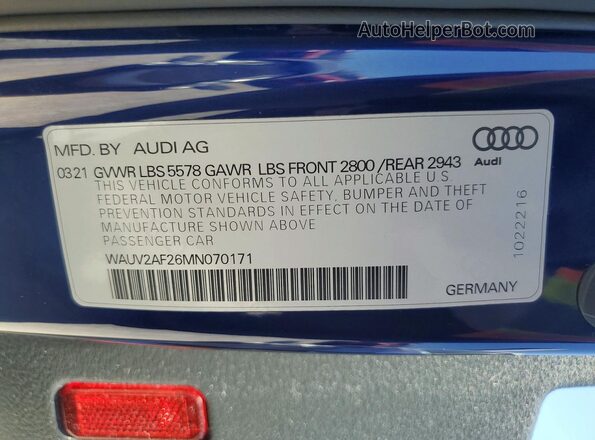 WAUV2AF26MN070171 2021 AUDI A7 Blue Engine compartment view