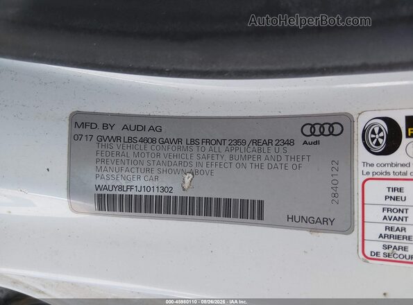 WAUY8LFF1J1011302 2018 AUDI A3 White Widok komory silnika