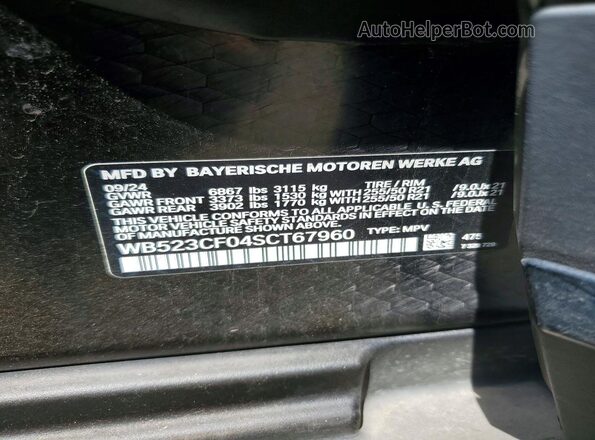 WB523CF04SCT67960 2025 BMW IX Black VIN კოდის სტიკერის ხედი