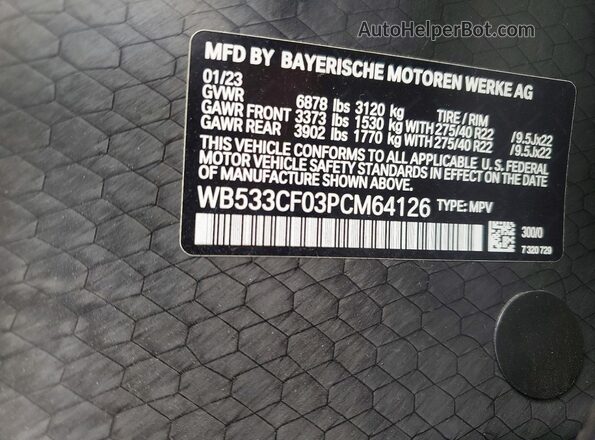 WB533CF03PCM64126 2023 BMW IX Белый Вид наклейки с VIN-кодом